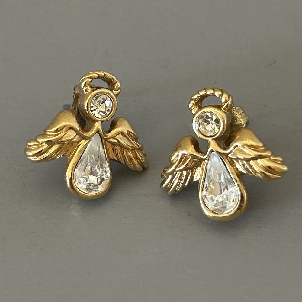 AVON Celestial Angel Pierced Earrings Clear Rhinestone Gold Tone Vintage